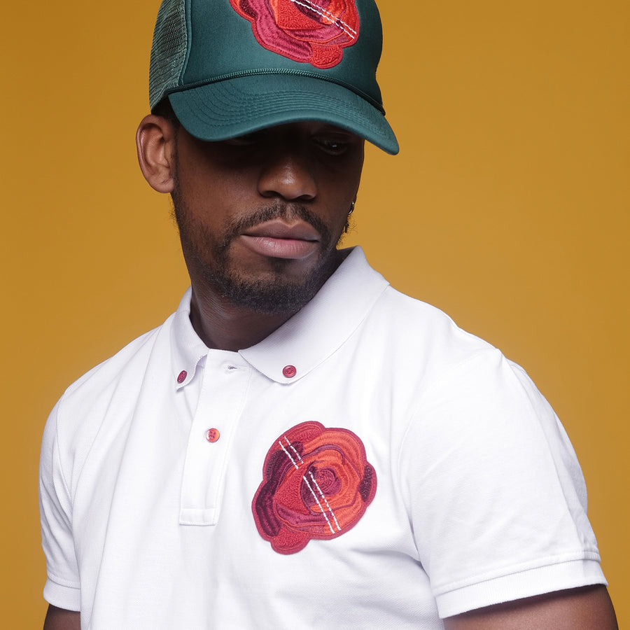 Rose Patch White Pique Polo