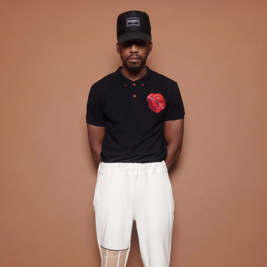 Rose Patch Black Pique Polo